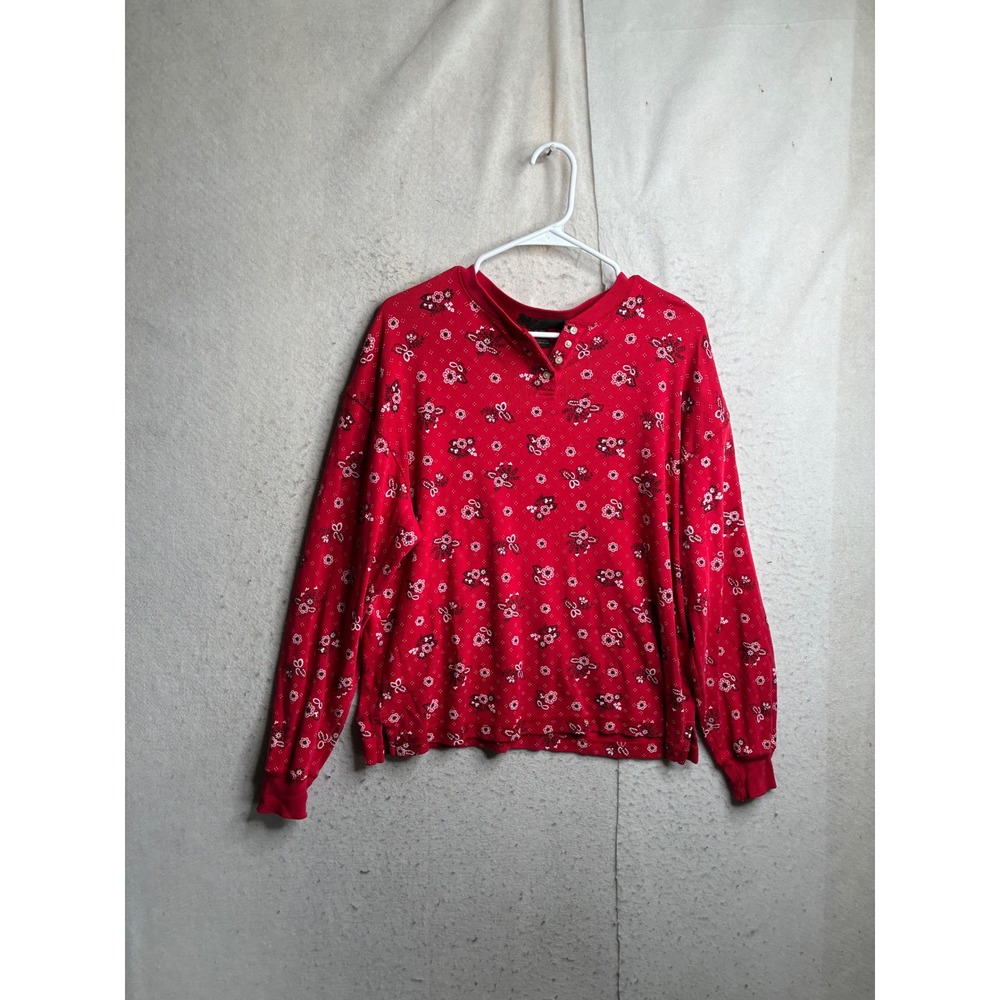 Eddie Bauer Red Bandana Floral Ribbed Cotton Henley Long Sleeve Top XL